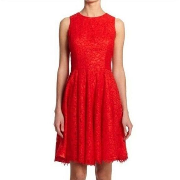 Shoshanna Judith Lace Fit & Flare Lace‎ Dress Women's 0 Red Sleeveless Lined - Picture 1 of 14